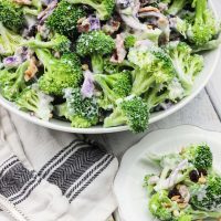 This skinny greek yogurt broccoli salad is a simple veggie dish that combines fresh broccoli spears, dried cranberries, and a sweet creamy dressing made with greek yogurt! It's the perfect healthy side dish to any winter meal! www.blessherheartyall.com