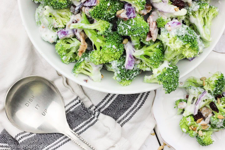 This skinny greek yogurt broccoli salad is a simple veggie dish that combines fresh broccoli spears, dried cranberries, and a sweet creamy dressing made with greek yogurt! It's the perfect healthy side dish to any winter meal! www.blessherheartyall.com