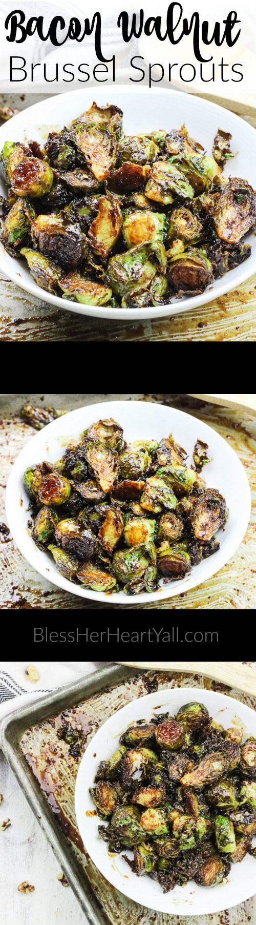 These roasted bacon walnut brussel sprouts are an easy side dish full of sweet hearty flavors! The sprouts are roasted in lemon juice and olive oil before being drizzled with a bacon walnut reduction and then quickly roasted again! www.BlessHerHeartYall.com