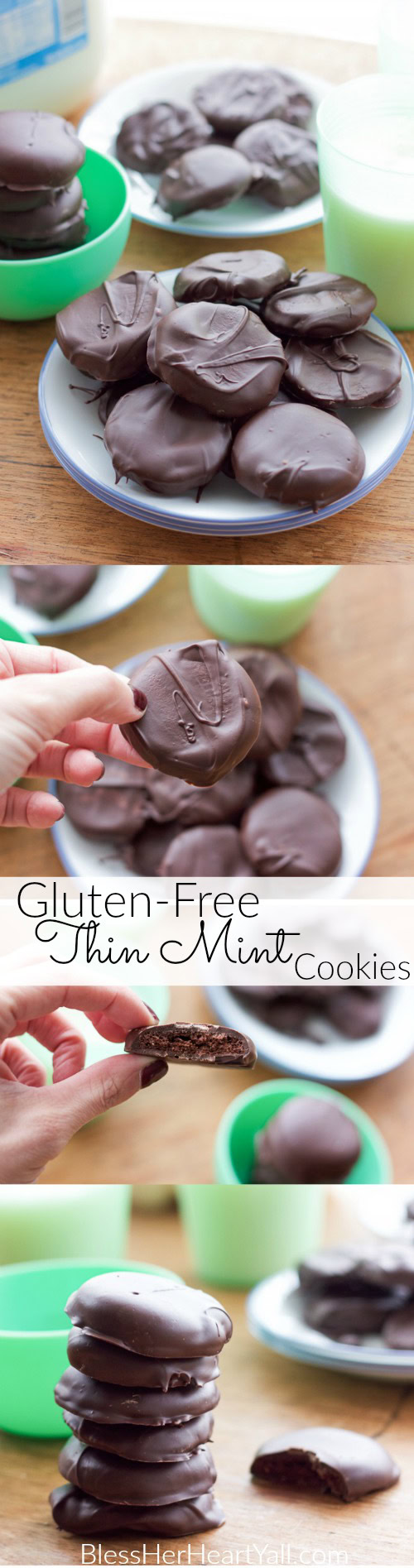 gluten-free thin mint cookies! These gluten-free thin mint cookies are the best gluten-free Girl Scout cookie copy cat recipe that it just may beat out the real thing! Get your Girl Scout cookie fix the homemade way with these crisp, minty, chocolate favorites!