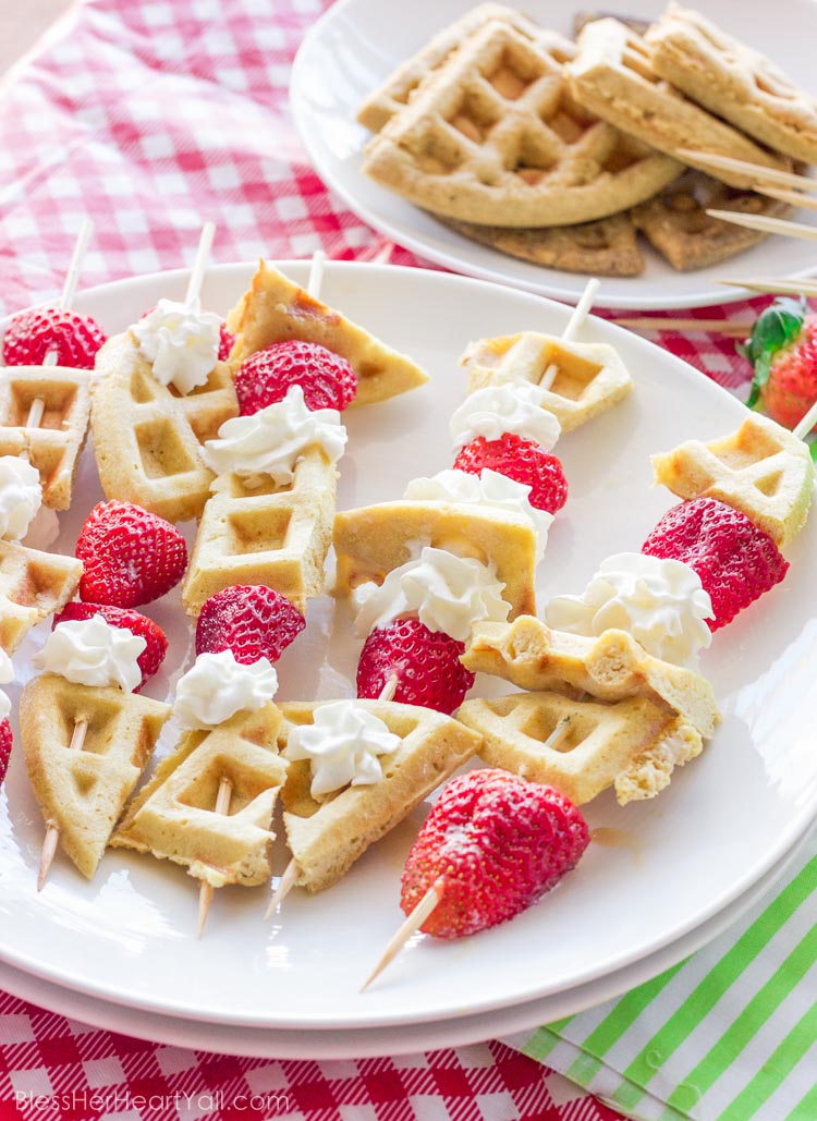 How awesome! These gluten-free waffle skewers make breakfast fun and tasty. The sweet brown sugar waffles go great with fresh berries and creamy whipped cream. And the best part? Breakfast is on a stick!