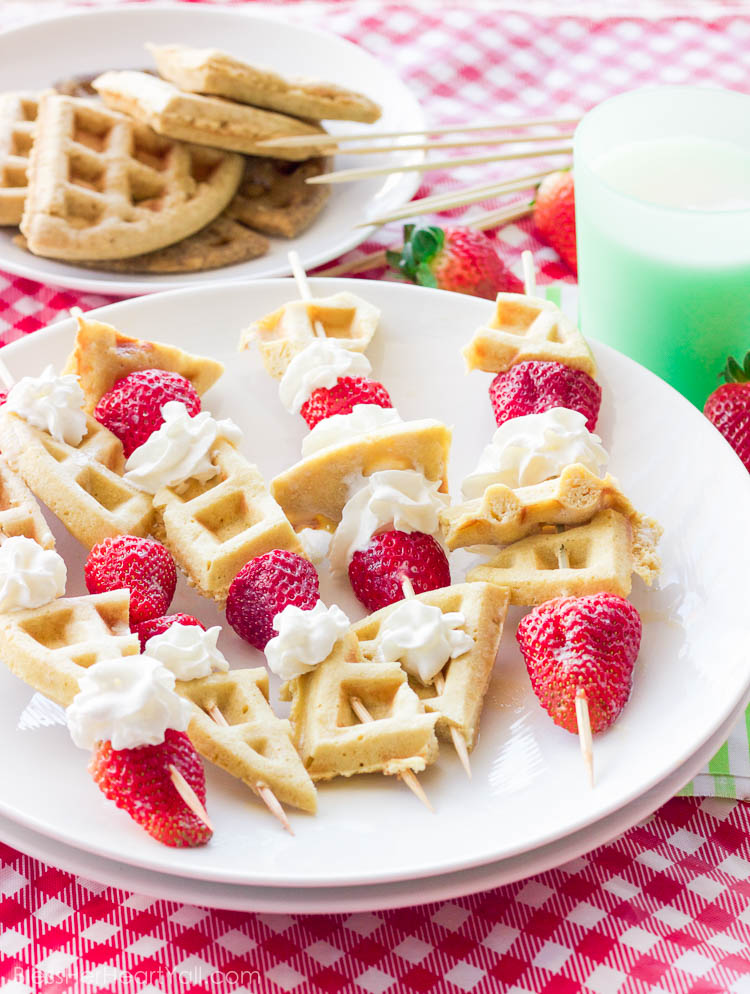 How awesome! These gluten-free waffle skewers make breakfast fun and tasty. The sweet brown sugar waffles go great with fresh berries and creamy whipped cream. And the best part? Breakfast is on a stick!