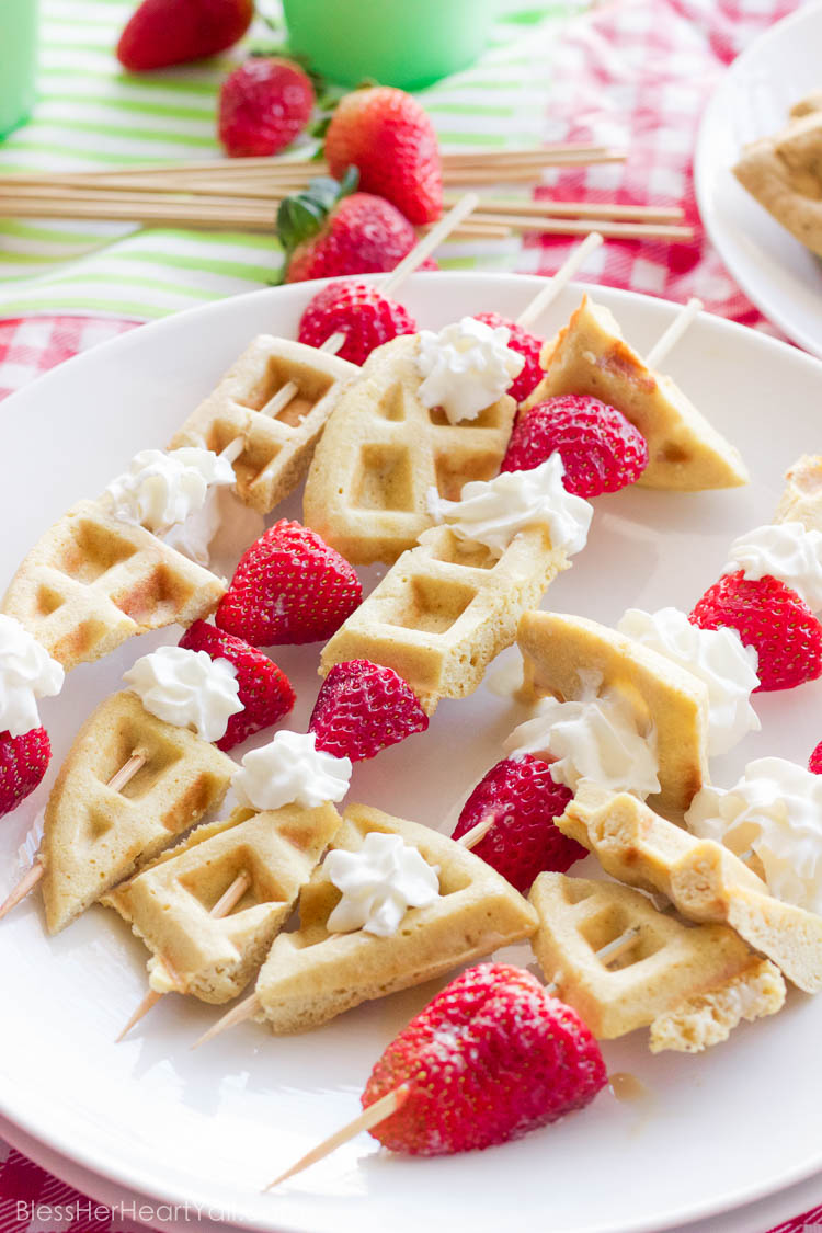 How awesome! These gluten-free waffle skewers make breakfast fun and tasty. The sweet brown sugar waffles go great with fresh berries and creamy whipped cream. And the best part? Breakfast is on a stick!