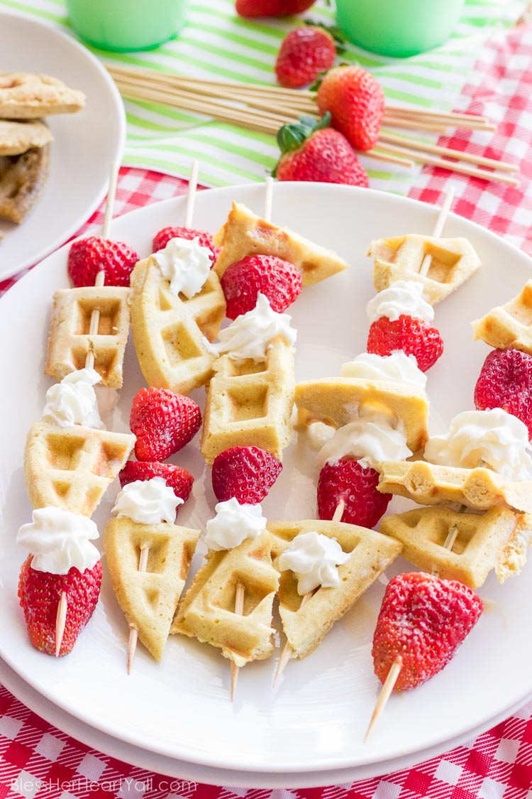 How awesome! These gluten-free waffle skewers make breakfast fun and tasty. The sweet brown sugar waffles go great with fresh berries and creamy whipped cream. And the best part? Breakfast is on a stick!