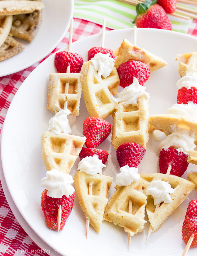 How awesome! These gluten-free waffle skewers make breakfast fun and tasty. The sweet brown sugar waffles go great with fresh berries and creamy whipped cream. And the best part? Breakfast is on a stick!