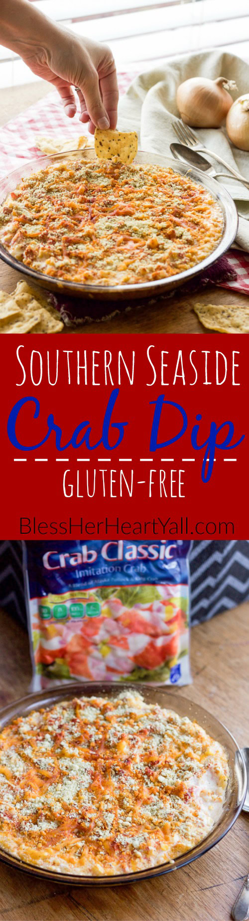 Yum! This southern seaside crab dip combines gluten-free heart-healthy crab with melty cheese, diced tomatoes and peppers, and sweet corn kernels for a delicious and easy dip that everyone loves!