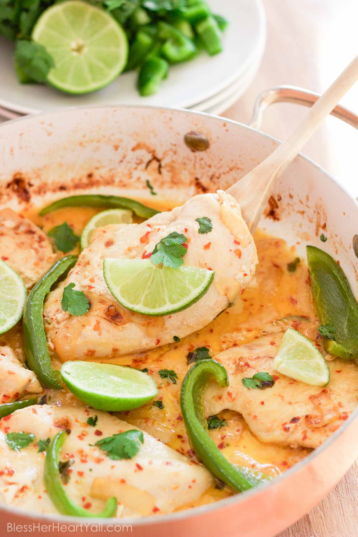 This gluten-free creamy cilantro lime chicken recipe combines the fresh flavors of cilantro, lime, and coconut, with the juiciness of baked chicken and veggies, perfect for warm weather! Your taste buds will think they were on a tropical island!