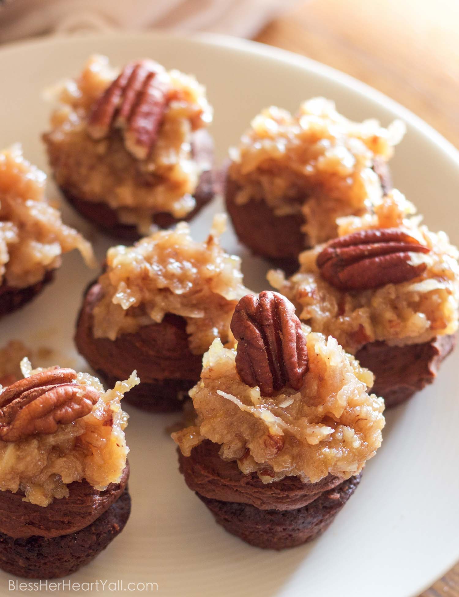 These fluffy and soft made-from-scratch gluten-free german chocolate mini cupcakes are a decadent little sweet treat, perfect for when you need a bite of something full of coconut, chocolate, and creaminess!