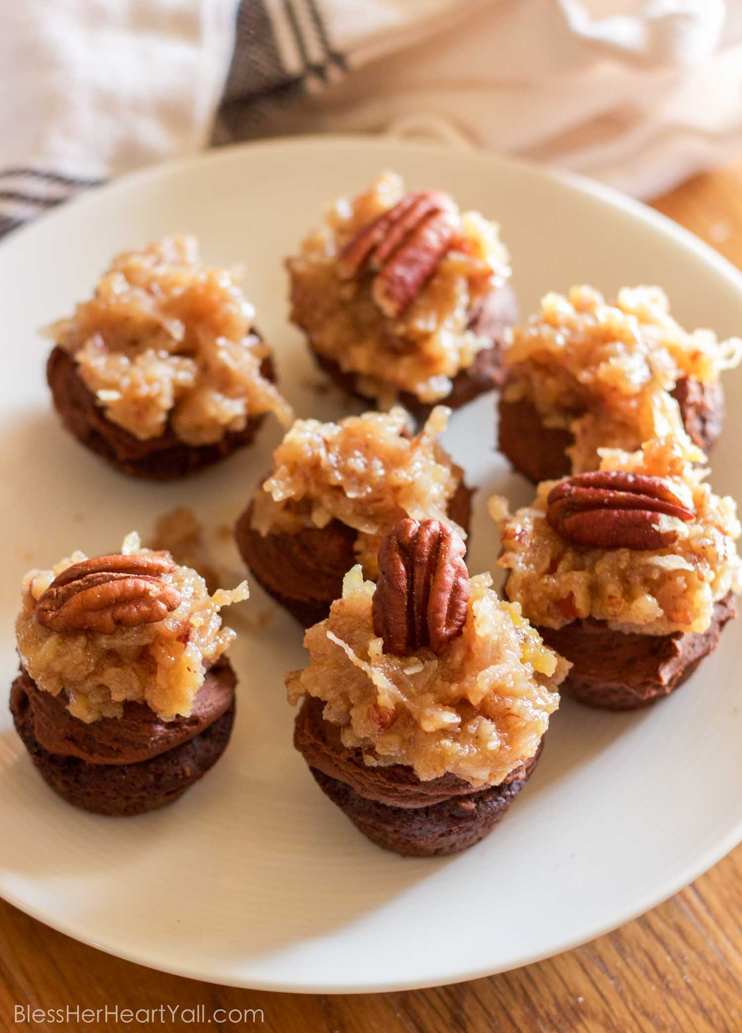 These fluffy and soft made-from-scratch gluten-free german chocolate mini cupcakes are a decadent little sweet treat, perfect for when you need a bite of something full of coconut, chocolate, and creaminess!