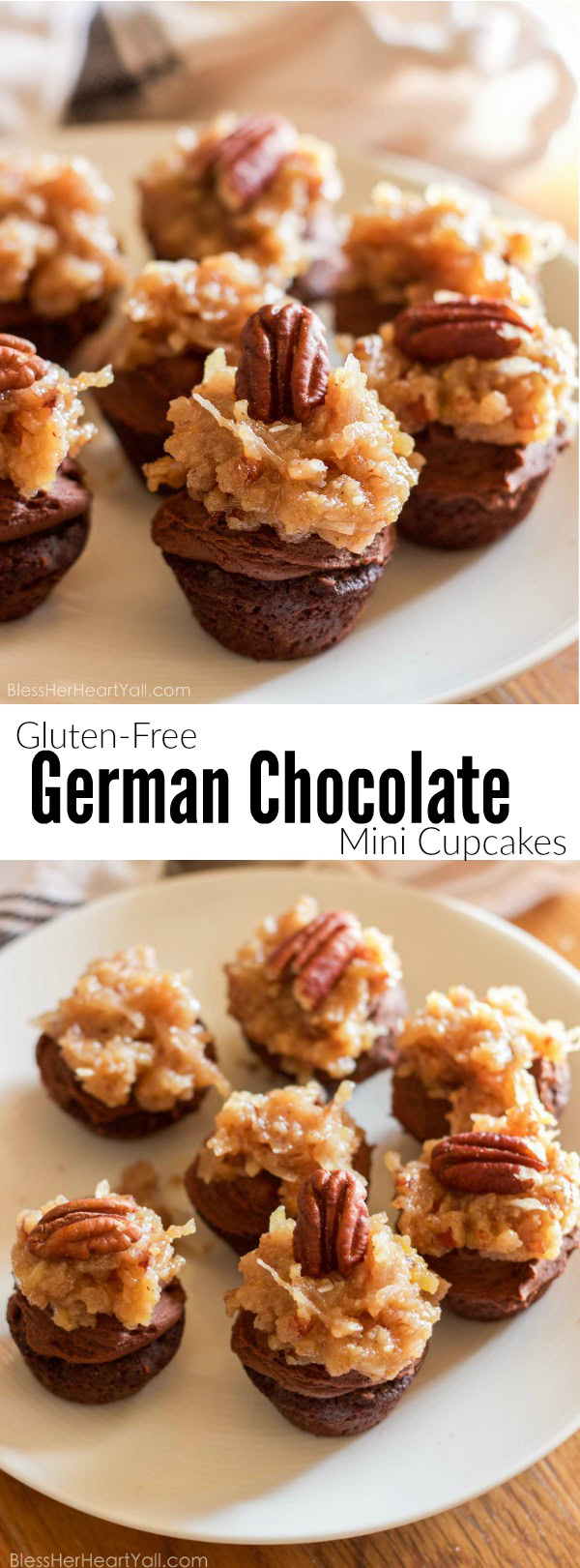 These fluffy and soft made-from-scratch gluten-free german chocolate mini cupcakes are a decadent little sweet treat, perfect for when you need a bite of something full of coconut, chocolate, and creaminess!