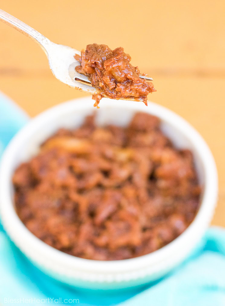 This gluten-free bourbon bbq shredded beef recipe is a magical combination of juicy beef in a garlic and onion barbecue sauce, placed in your slow cooker along with a dash of bourbon, and ready for your enjoyment after a busy day!