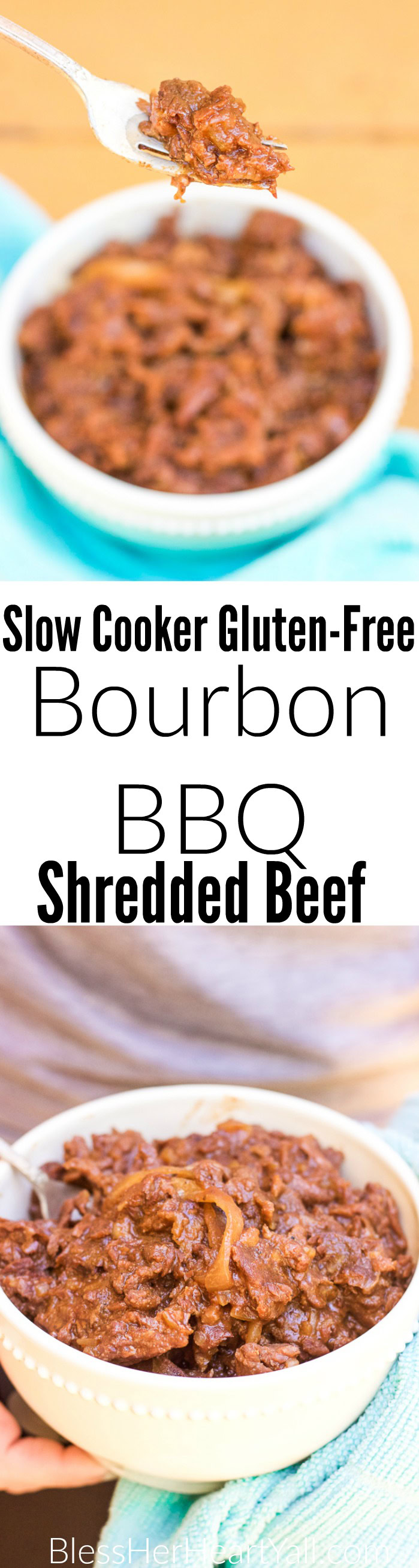 This gluten-free bourbon bbq shredded beef recipe is a magical combination of juicy beef in a garlic and onion barbecue sauce, placed in your slow cooker along with a dash of bourbon, and ready for your enjoyment after a busy day!