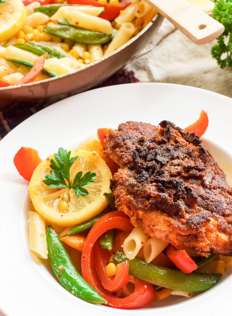 This spicy lemon honey hot chicken pasta dish is an amazing light, sweet and spicy pasta dish, topped with juicy, crispy gluten-free hot chicken, for one delicious meal!