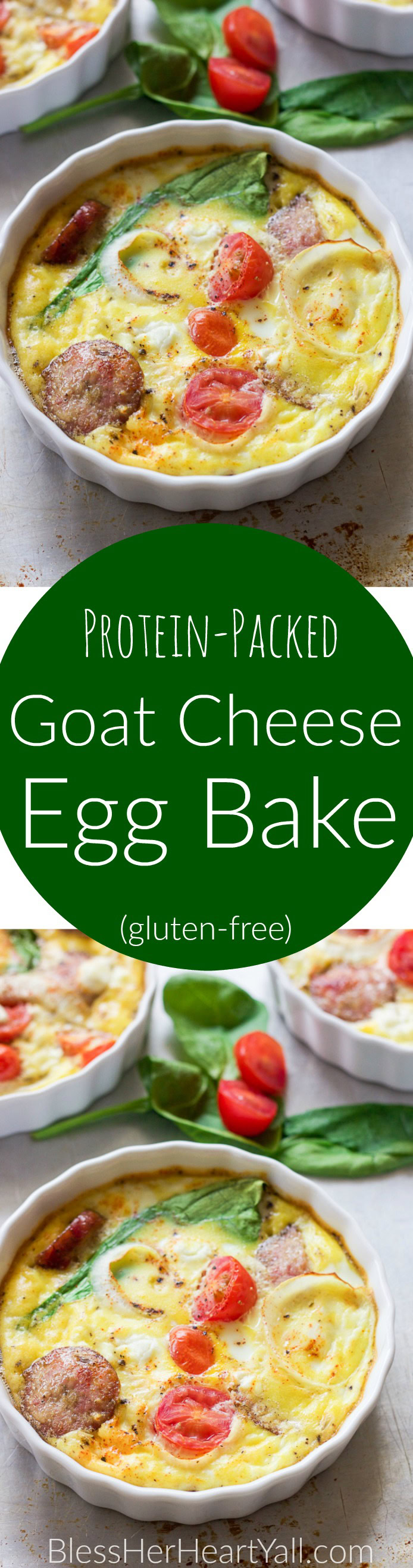 This gluten-free protein packed goat cheese egg bake combines the protein punch of fresh eggs, spinach, and breakfast sausage, with the flavors of creamy goat cheese, tomatoes and a little sweet onion slices for one amazing baked breakfast to fuel your morning right!