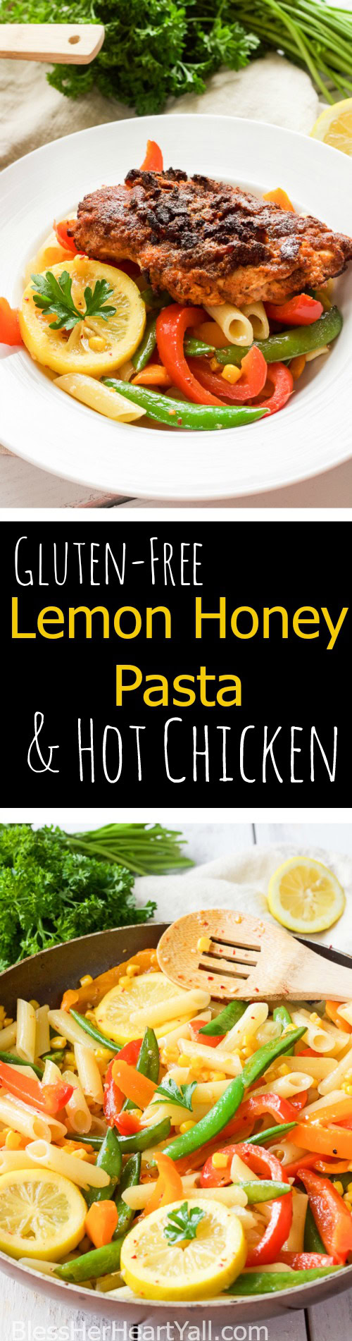 This spicy lemon honey hot chicken pasta dish is an amazing light, sweet and spicy pasta dish, topped with juicy, crispy gluten-free hot chicken, for one delicious meal!