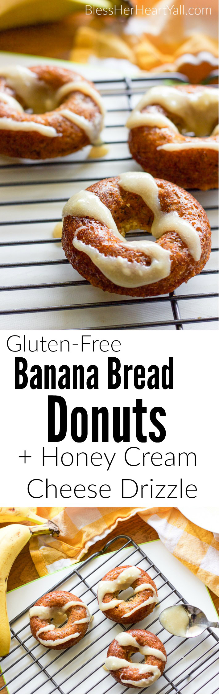 These gluten-free banana bread donuts are a great reason to wake up in the morning! Soft and moist banana bread is baked into fluffy donuts and then drizzled with an easy and quick honey cream cheese drizzle.