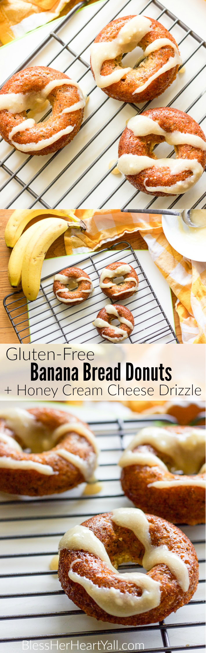 These gluten-free banana bread donuts are a great reason to wake up in the morning! Soft and moist banana bread is baked into fluffy donuts and then drizzled with an easy and quick honey cream cheese drizzle.