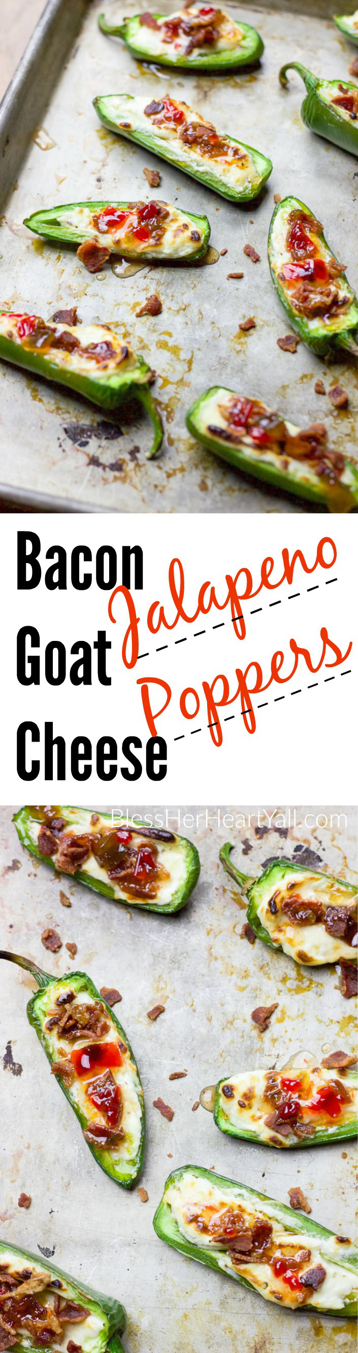 These bacon goat cheese jalapeno poppers are a fast and delicious little appetizer full of creamy goat cheese, crisp bacon crumbles, and sweet pepper jelly overtop quickly charred jalapenos for the perfect sweet and spicy party treat!