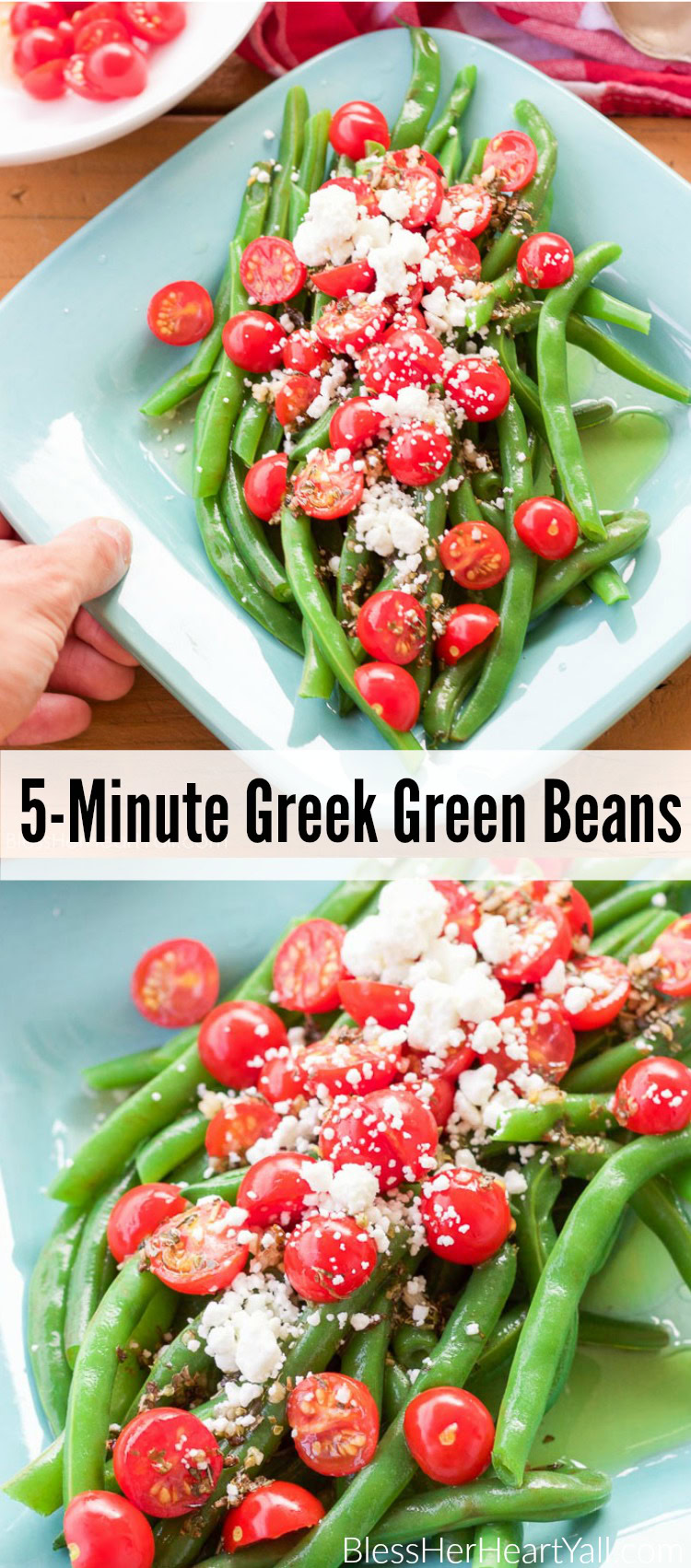 These 5 minute greek green beans use fresh cooked green beans that are drizzled with a quick homemade greek dressing and topped with fresh tomato and feta cheese crumbles. They are great served warm or cold and are perfect for all those summer parties!