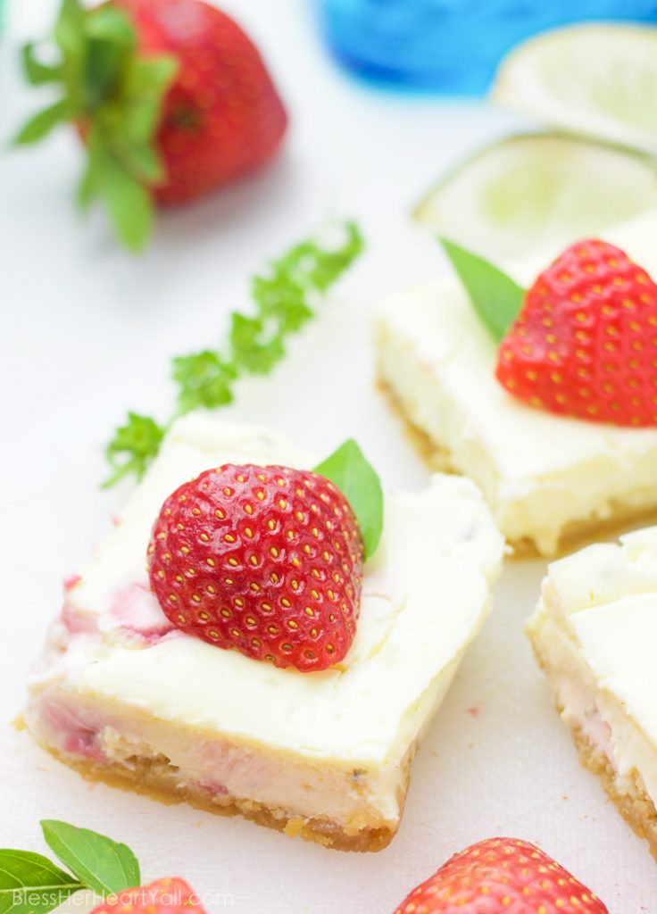 closeup of gluten-free strawberry basil margarita cheesecake squares