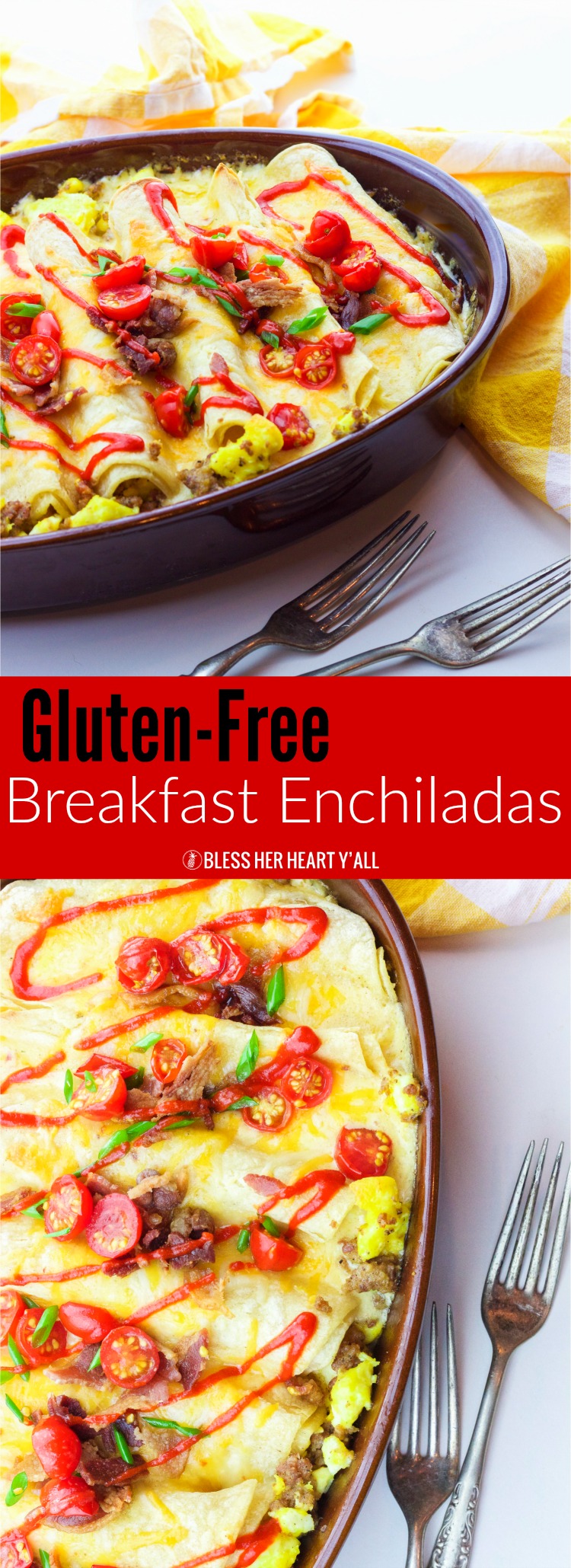 This delicious recipe for gluten-free breakfast enchiladas will wake anyone's taste buds up for the day! The combination of fluffy eggs and spicy breakfast sausage wrapped in corn tortillas and then topped with a seasoned cheese drizzle, baked and then loaded with fresh veggie chunks and bacon crumbles will make anyone's morning sunny!