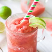 This frozen watermelon jalapeno bellini recipe is what any summer weekend calls for! Frozen watermelon is mixed with fresh jalapeno, lime juice, and a sprinkle of coconut sugar for a cool refreshing cocktail that's the perfect amount of sweet with a spicy finish!