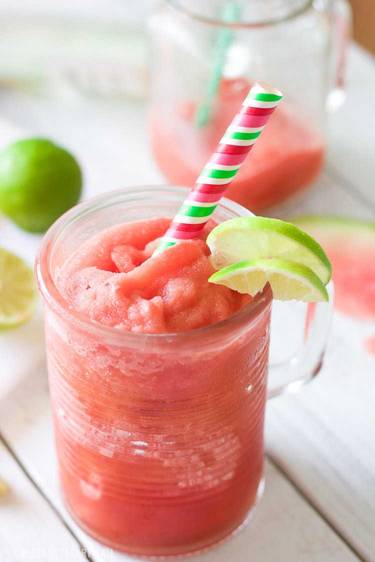 This frozen watermelon jalapeno bellini recipe is what any summer weekend calls for! Frozen watermelon is mixed with fresh jalapeno, lime juice, and a sprinkle of coconut sugar for a cool refreshing cocktail that's the perfect amount of sweet with a spicy finish!