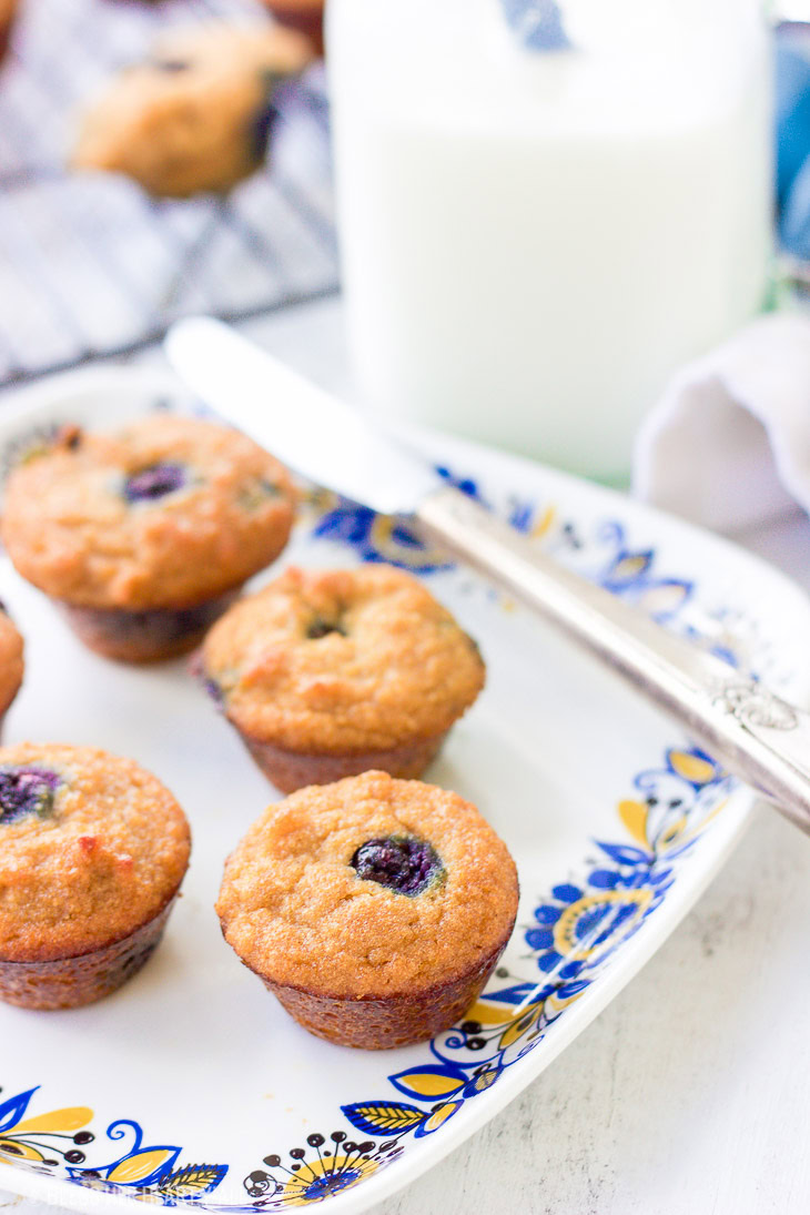 These mini gluten-free blueberry muffins are also grain-free and dairy-free! Grab a few of these moist fluffy muffins for your busy mornings on-the-go!