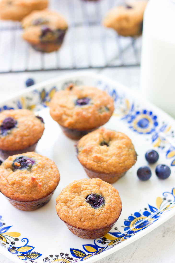 These gluten-free blueberry mini muffins are also grain-free and dairy-free! Grab a few of these moist fluffy muffins for your busy mornings on-the-go!