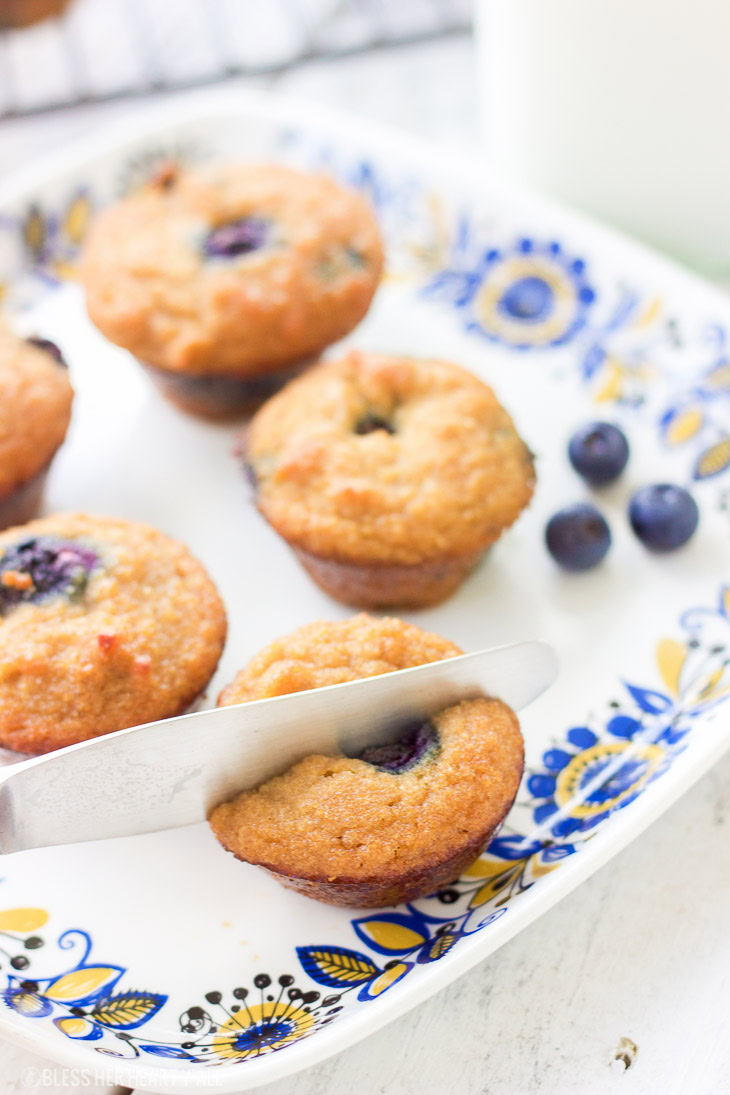 These gluten-free blueberry mini muffins are also grain-free and dairy-free! Grab a few of these moist fluffy muffins for your busy mornings on-the-go!