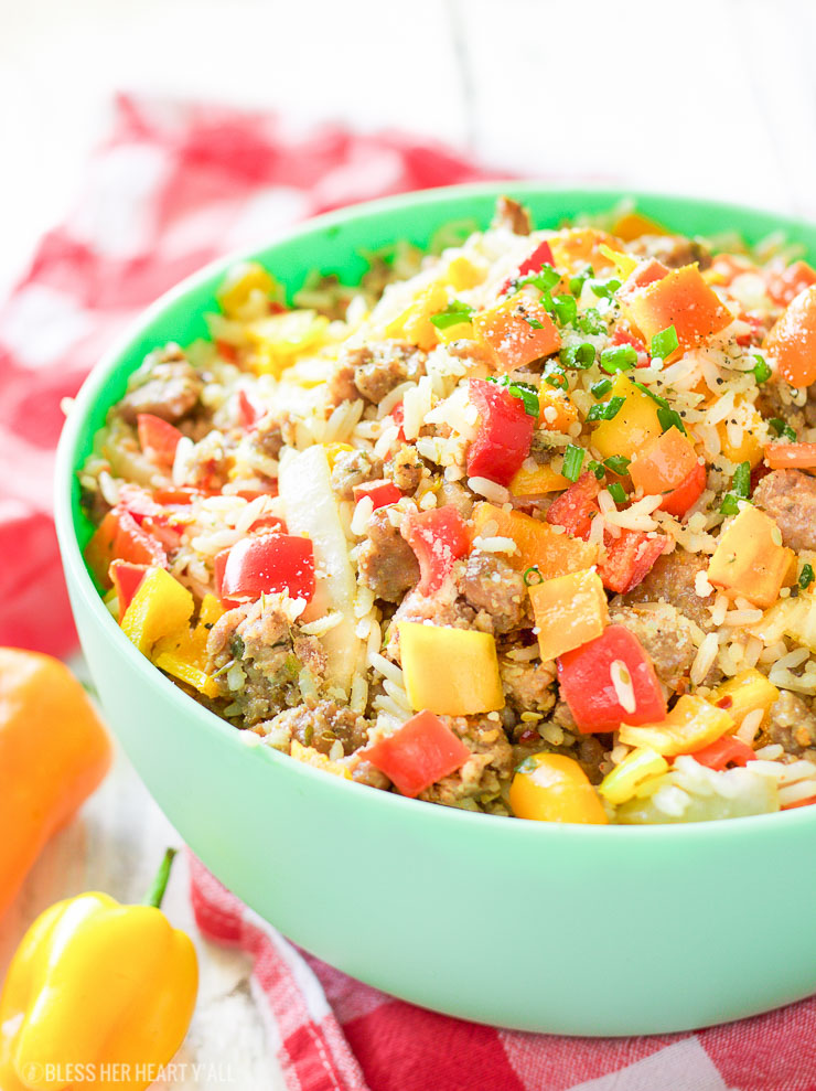 This gluten-free chopped stuffed pepper salad combines spicy sausage with fresh diced bell peppers and sweet onion, fluffy rice, and is seasoned with a combination of sizzling creole spices for one salad that is burst with flavor spoonful after spoonful!