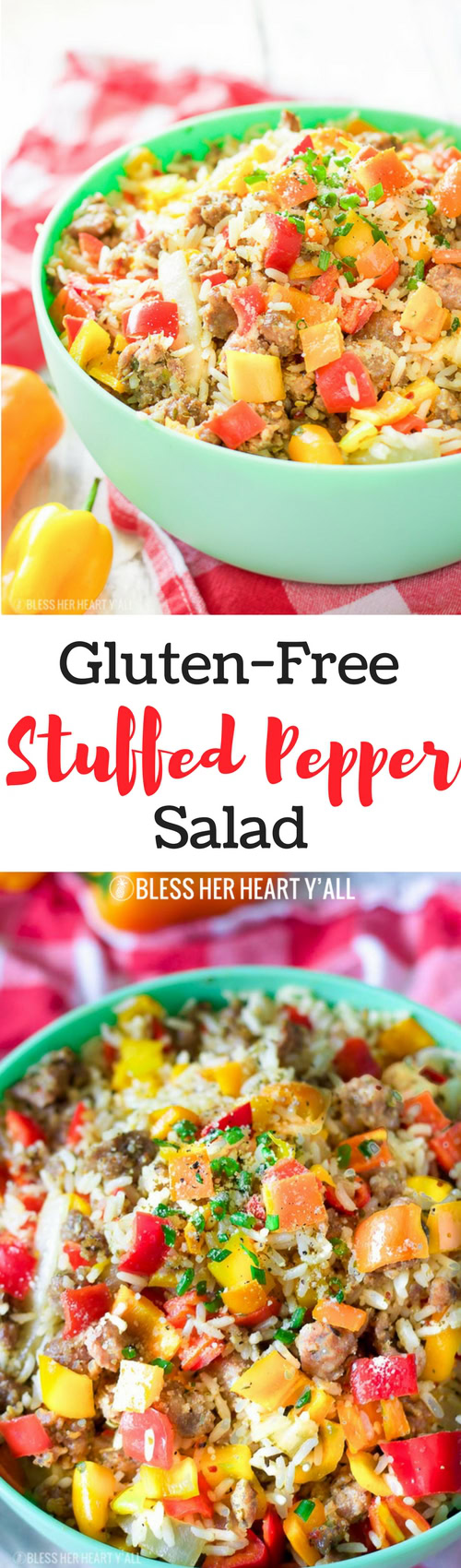 This gluten-free chopped stuffed pepper salad combines spicy sausage with fresh diced bell peppers and sweet onion, fluffy rice, and is seasoned with a combination of sizzling creole spices for one salad that is burst with flavor spoonful after spoonful!