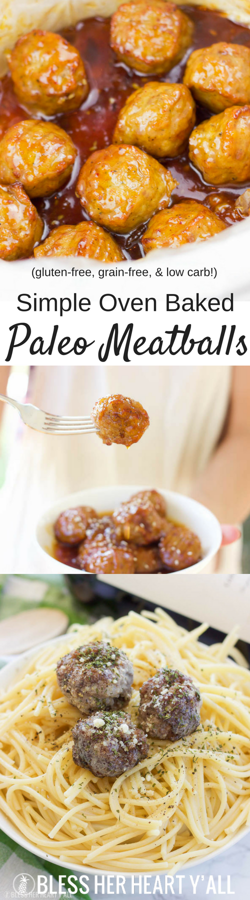 These simple oven baked paleo meatballs are the bomb! Okay but seriously, just combine some grass-fed beef with garlic, onion, egg, liquid aminos, and a little bit of salt and pepper. Roll them up and toss them in the oven for a few minutes and your family will have a whole mess of juicy paleo, gluten-free, and grain-free meatballs!