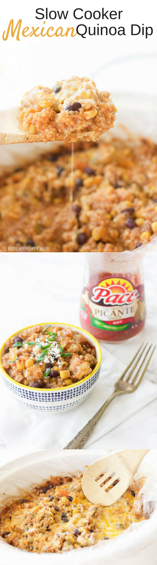 This slow cooker mexican quinoa dip is the perfect gluten-free, vegetarian, and paleo friendly tailgating comfort food! It's warm and gooey, filling and nutritious, and cooks itself in the slow cooker for a quick 2-3 hours. Use this recipe as a dip with your favorite sweet potato chips, rolled up in a tortilla for a quick enchilada, or toss it over a salad to add a burst of flavor!