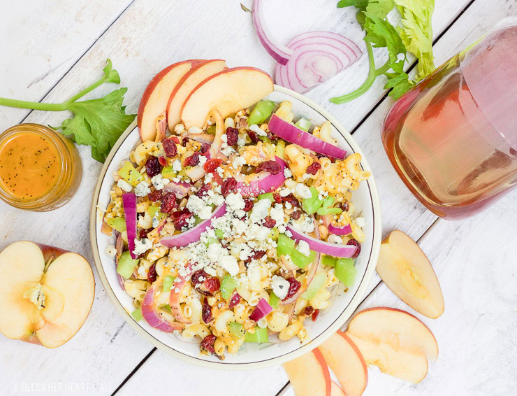 autumn harvest pasta salad with pumpkin poppy seed dressing