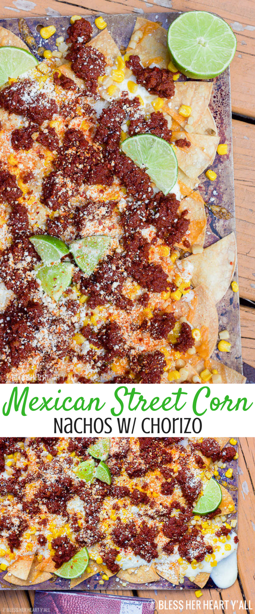 Put your big boy pants on for these spicy mexican street corn nachos with chorizo. These cheat-day nachos bring out all the cheesy, spicy, lime flavors of mexican street corn with the hearty addition of spicy chorizo meat. Perfect for this football-themed party all season long!