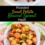 This healthy roasted sweet potato brussel sprout hash is a simple fall treat that drizzles on a light layer of olive oil, garlic, and cumin before roasting. The vegan and gluten-free recipe produces perfectly golden baked sweet potato pieces surrounded by fresh spiced corn kernels and crisp and tender cooked brussel sprouts.