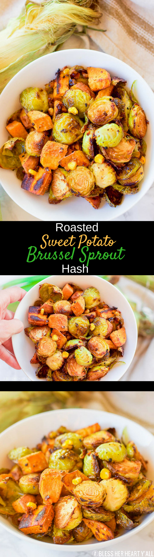 This healthy roasted sweet potato brussel sprout hash is a simple fall treat that drizzles on a light layer of olive oil, garlic, and cumin before roasting. The vegan and gluten-free recipe produces perfectly golden baked sweet potato pieces surrounded by fresh spiced corn kernels and crisp and tender cooked brussel sprouts.