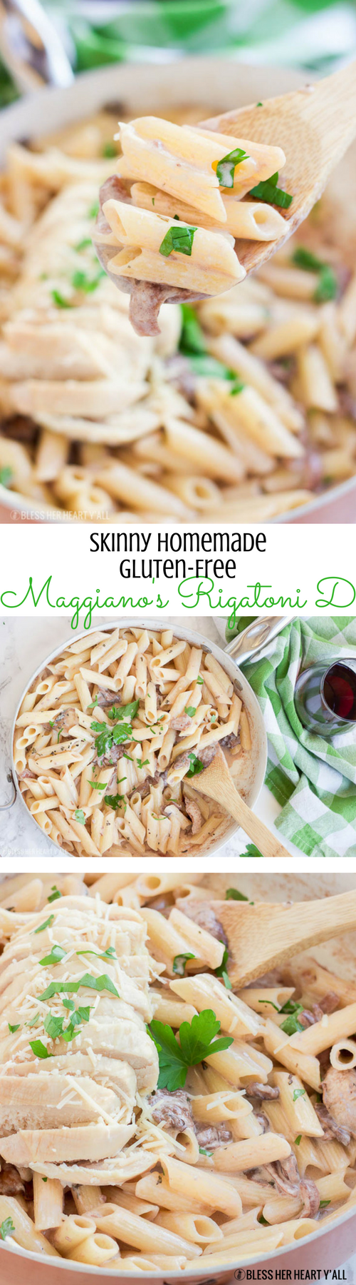 This skinny homemade Maggiano's Gluten-Free Rigatoni D recipe is a creamy healthy version of Maggiano's Little Italy's famous dish. A creamy coconut milk sauce infused with red wine, garlic, and mushrooms is drizzled over al dente noodles and sliced chicken breasts. 