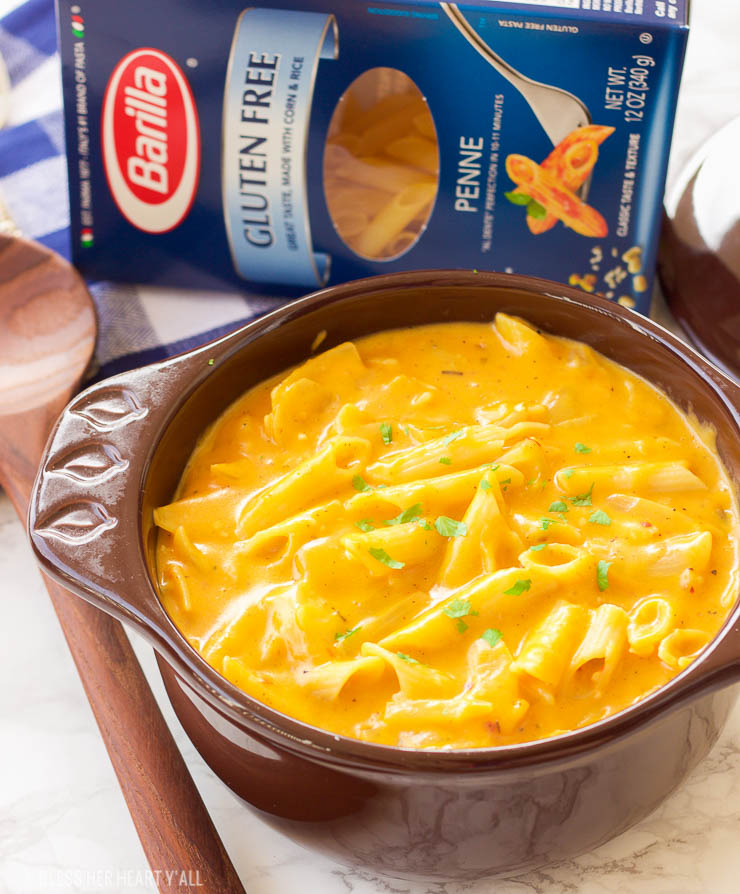 This gluten-free pumpkin macaroni and cheese recipe is the ultimate cheesy fall comfort food. Gluten-free noodles are cooked in a pumpkin, sage, and nutmeg sauce and just before serving are smothered in gooey cheddar and parmesan cheeses.