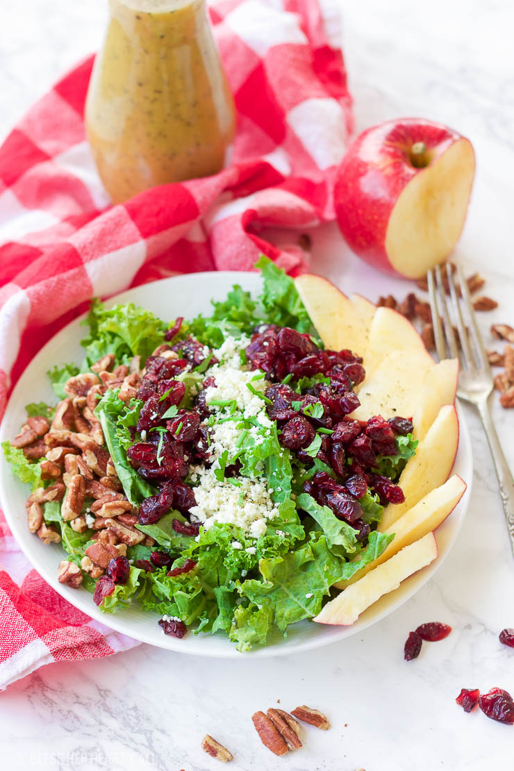 This apple cider poppyseed salad throws the season's best combination of juicy apples, crunchy pecans, sweet cranberries, and savory blue cheese crumbles over a bed of chopped kale and drizzles on a 2-minute apple cider poppyseed vinaigrette. It's big on nutrients and fall flavors and is gluten-free and paleo-friendly! www.blessherheartyall.com