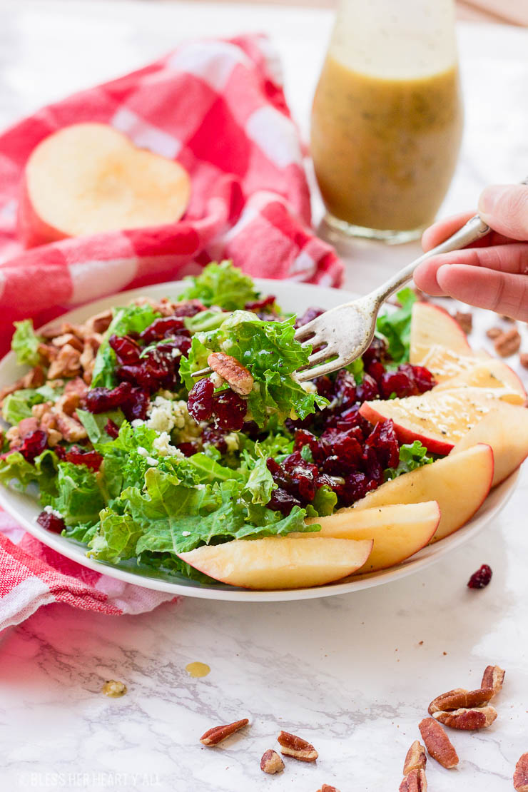 This apple cider poppyseed salad throws the season's best combination of juicy apples, crunchy pecans, sweet cranberries, and savory blue cheese crumbles over a bed of chopped kale and drizzles on a 2-minute apple cider poppyseed vinaigrette. It's big on nutrients and fall flavors and is gluten-free and paleo-friendly! www.blessherheartyall.com