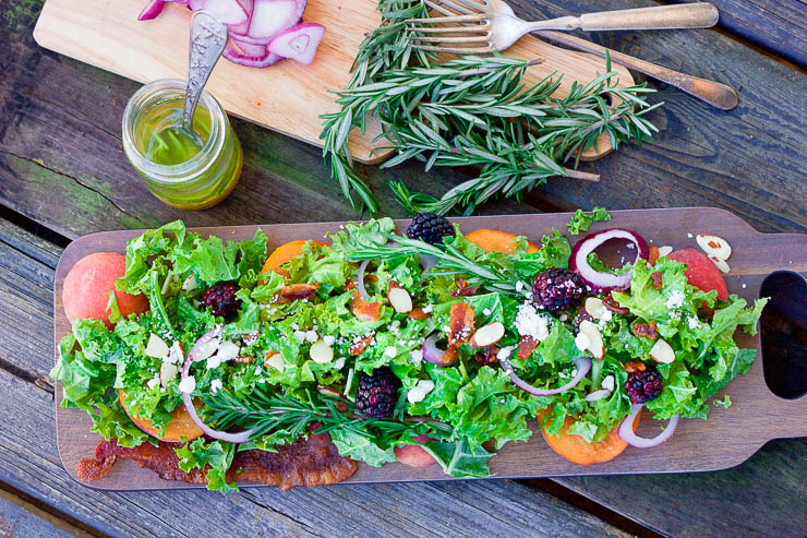 A colorful fall peach salad that is packed full of nutrients and a punch of flavor in every bite. The rosemary maple vinaigrette is slightly sweet and tart and savory. This salad is quick enough to make for a busy weeknight and easy enough to impress guests at a party!