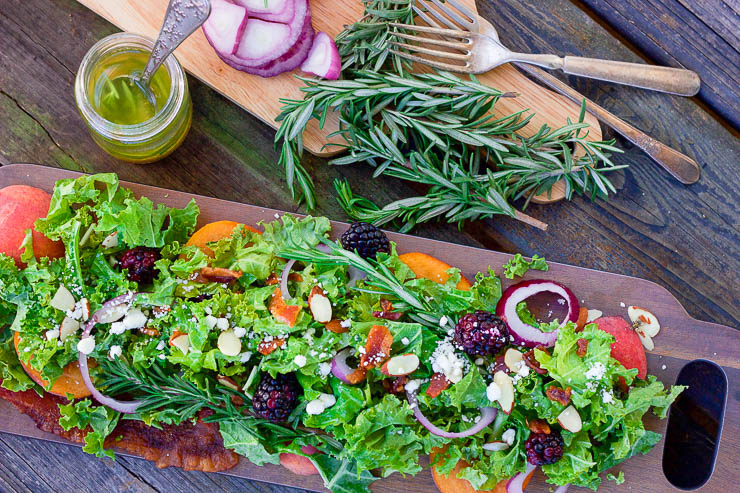 A colorful fall peach salad that is packed full of nutrients and a punch of flavor in every bite. The rosemary maple vinaigrette is slightly sweet and tart and savory. This salad is quick enough to make for a busy weeknight and easy enough to impress guests at a party!