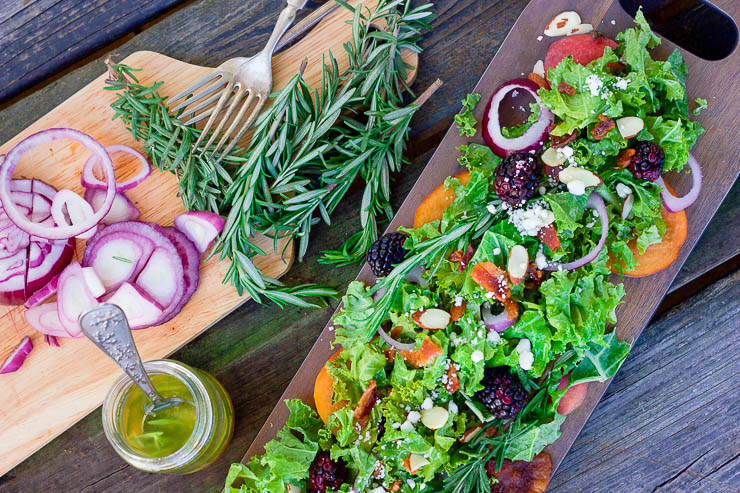 A colorful fall peach salad that is packed full of nutrients and a punch of flavor in every bite. The rosemary maple vinaigrette is slightly sweet and tart and savory. This salad is quick enough to make for a busy weeknight and easy enough to impress guests at a party!