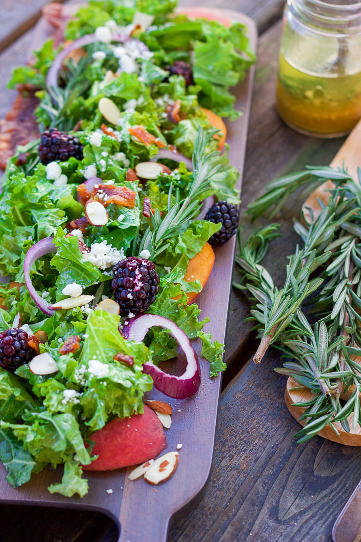 A colorful fall peach salad that is packed full of nutrients and a punch of flavor in every bite. The rosemary maple vinaigrette is slightly sweet and tart and savory. This salad is quick enough to make for a busy weeknight and easy enough to impress guests at a party!