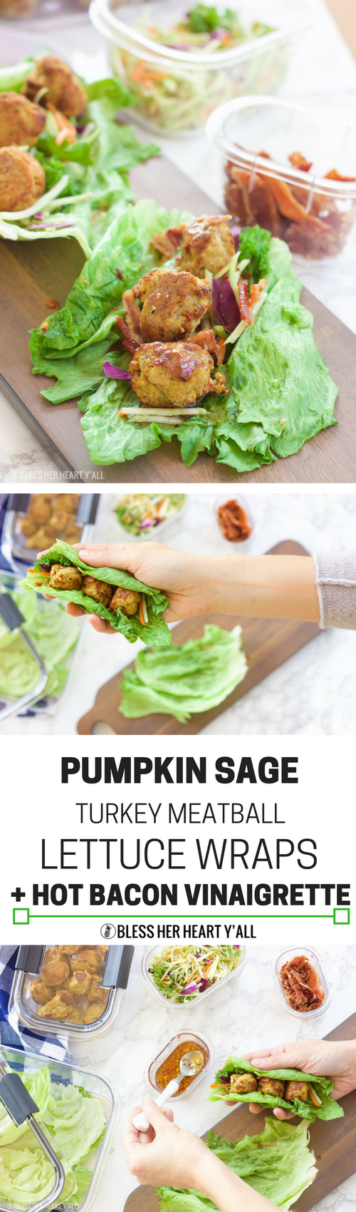 This pumpkin sage meatball lettuce wrap + hot bacon vinaigrette recipe is juicy and savory, with fresh crisp vegetables and moist round meatballs drizzled in a warm bacon dressing with a touch of heat!