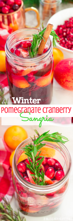 This winter pomegranate cranberry sangria recipe is a quick and easy twist on the popular sangria drink. Impress everyone at your next holiday or Christmas party with this sparkling red wine cocktail with apples, oranges, pomegranate, cranberry, rosemary, and cinnamon sticks! Get your drink on fancy pants!