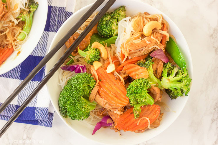 This turkey teriyaki stir-fry is the perfect way to eat up those Thanksgiving turkey leftovers! A healthy dose of stir-fry veggies are mixed in with a simple warm terriyaki glaze and then spooned over al dente rice noodles for a quick and tasty meal!