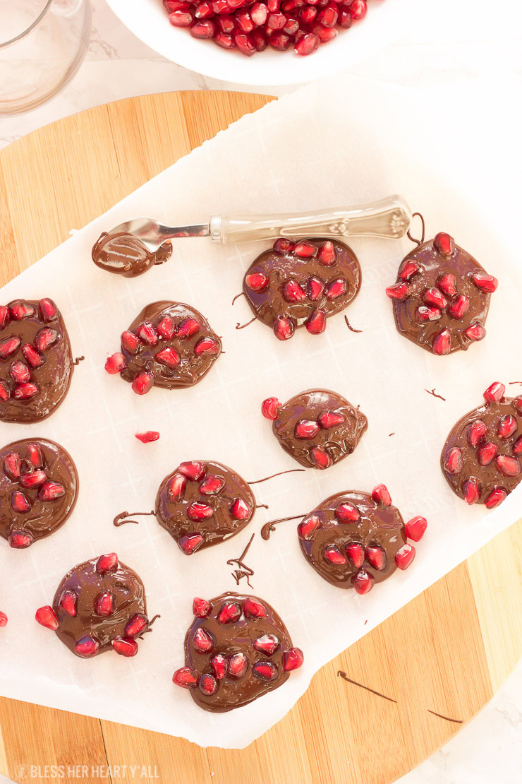 Dark chocolate pomegranate bites are the perfect quick and easy appetizer or sweet snack for the holiday season! Melted dark chocolate is sprinkled with pomegranate arils and sea salt before being allowed to harden and disappear.